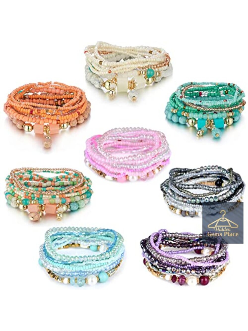 Bohemian Stackable Bead Bracelet Set Stretch Multi Layered Beads Bracelets